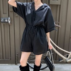 번치타 린넨 스트링 카라 반팔 점프수트